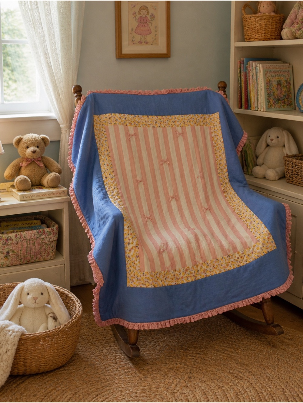 Blue and Pink Striped Baby Quilt with Floral Border